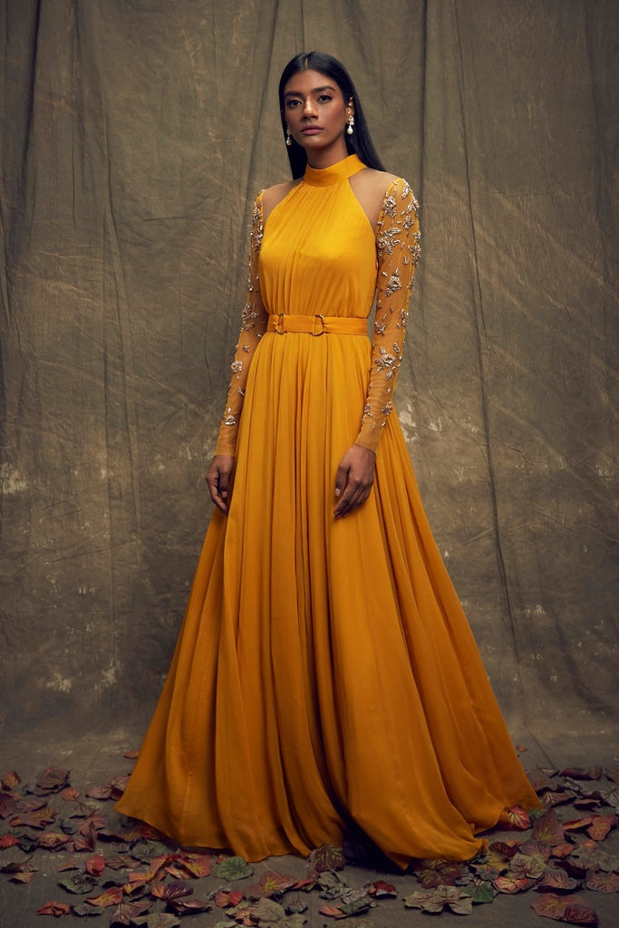 Embroidered yellow color fox georgette fabric with Sequnce work long gown  at Rs 799 in Surat